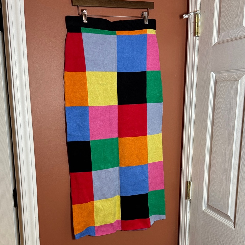 Burnt Toast Colorblock Checkered Knit Midi Skirt - Multicolor